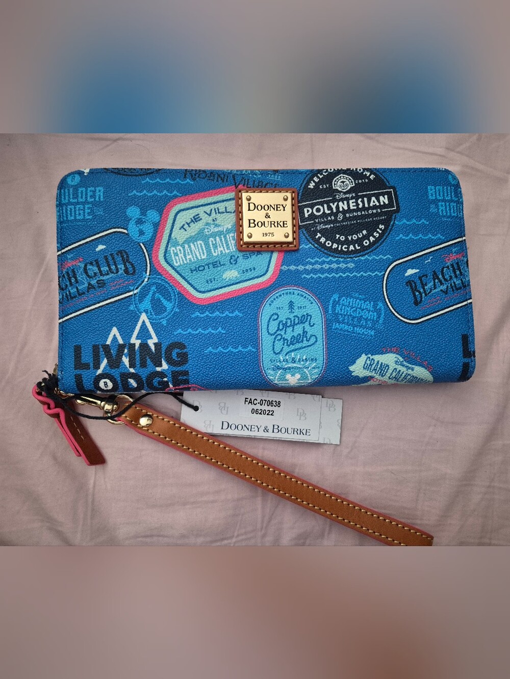 NWT Dooney & Bourke Disney Blue Graphic Zip Wallet with Wristlet Strap